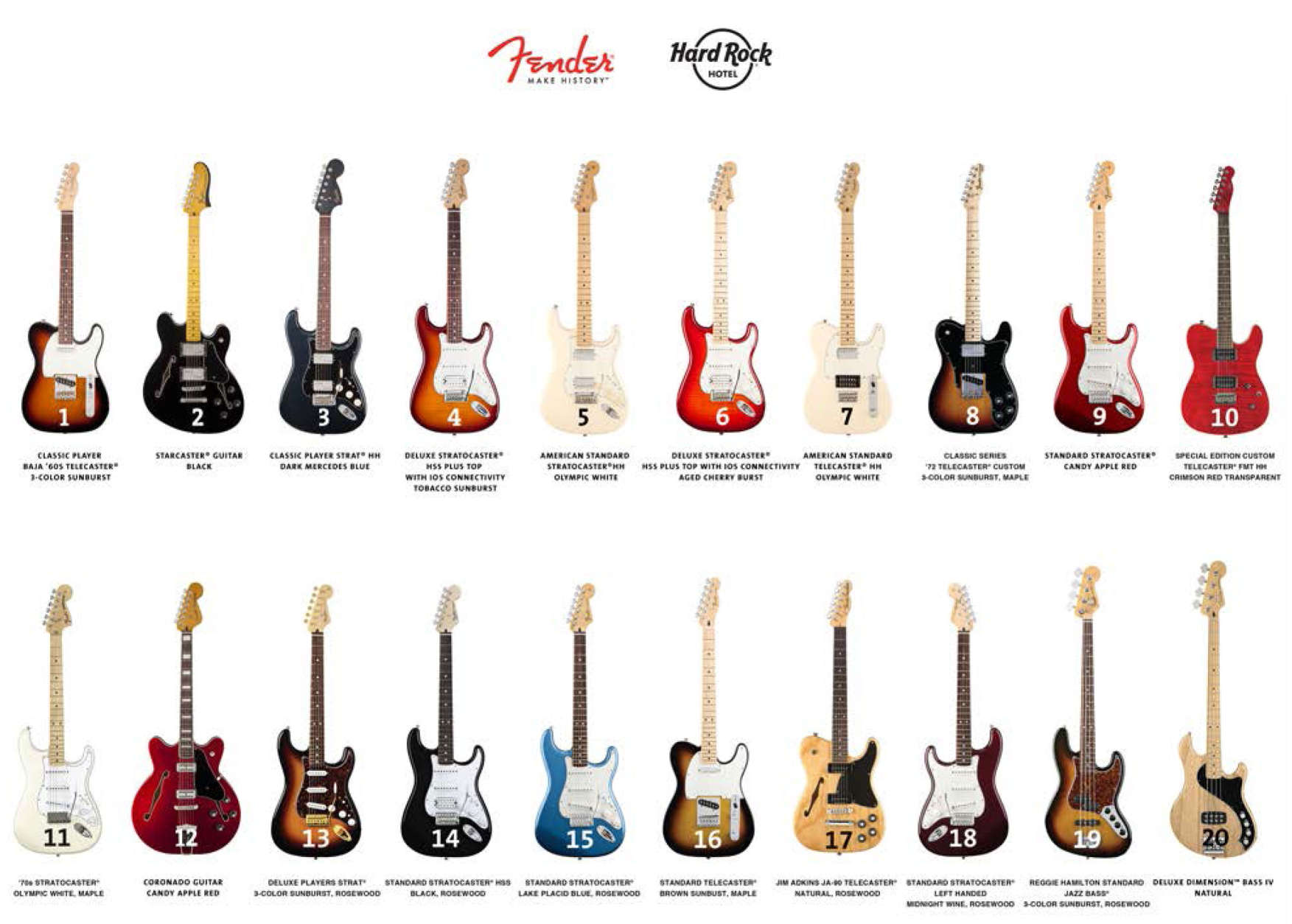 Take your pick of Fender guitars at The Hard Rock Hotel Chicago. (Courtesy The Hard Rock Hotel Chicago)