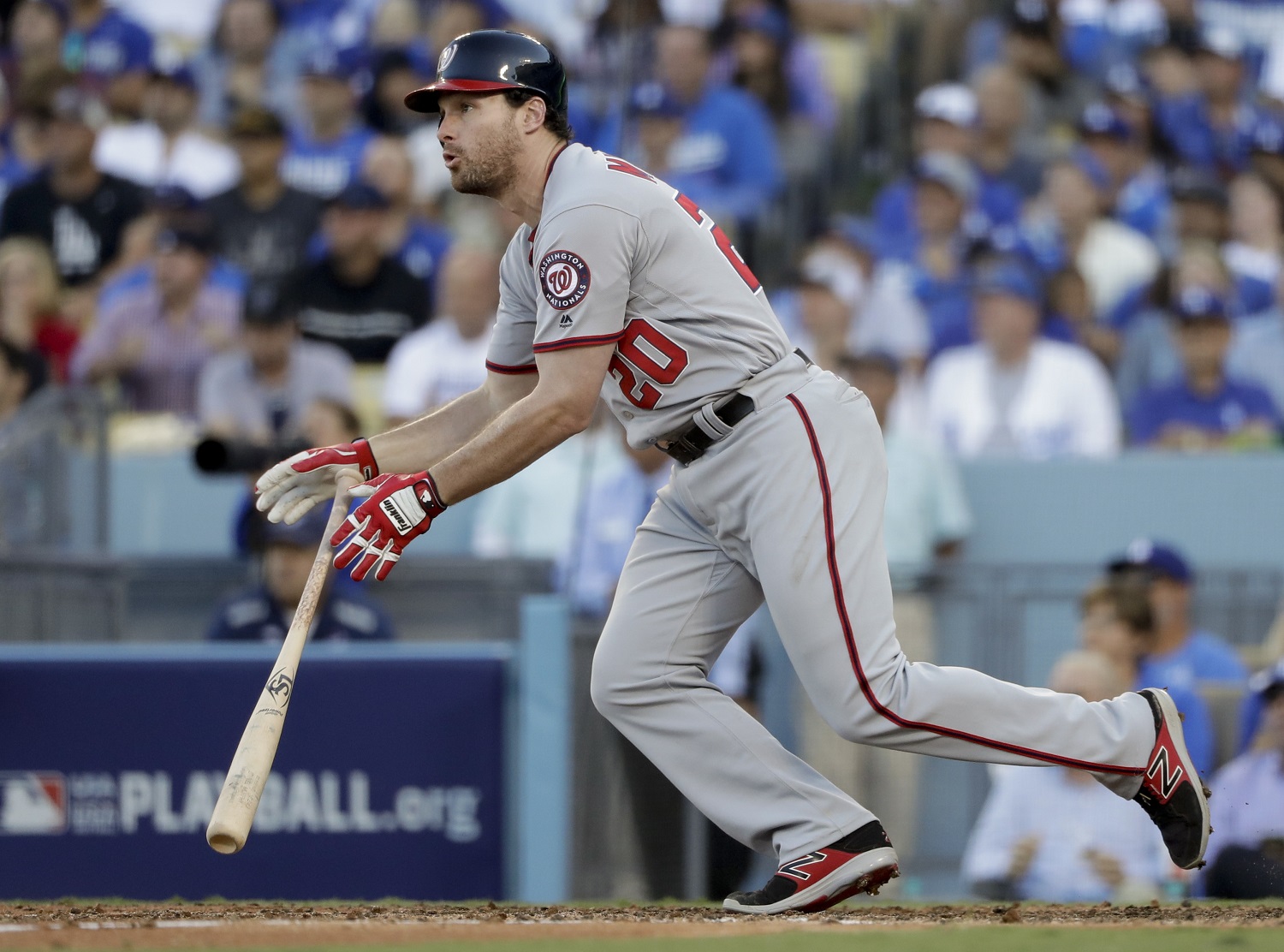 FILE - In this Oct. 11, 2016, file photo, Washington Nationals' Daniel Murphy watches his two-run single during the seventh inning against the Los Angeles Dodgers in Game 4 of National League Division Series, in Los Angeles. Murphy, Kris Bryant and Corey Seager are up for the National League Most Valuable Player award.(AP Photo/Jae C. Hong, File)