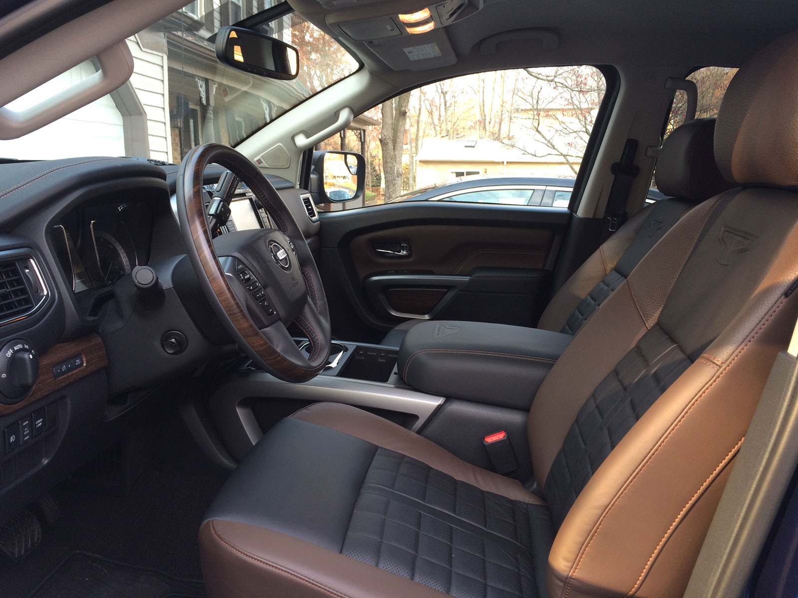 The $56,595 Platinum Reserve trim level is more luxury car than truck inside. The two-tone level seats are large and comfortable, and the front seats are heated and cooled. (WTOP/Mike Parris)