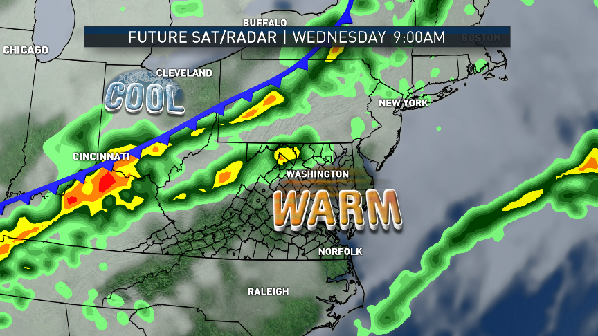 These images are from the RPM computer model through midweek and show the advance of the warm front and the eventual cold front. High pressure will be moving offshore and a few batches of light precipitation will accompany the warm front late Monday through late Tuesday. On Wednesday, it will be a line of showers and likely thunderstorms.
 
(Data: The Weather Company; Graphics: Storm Team 4)