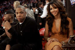 ** FILE ** In this Feb. 18, 2007 file photo entertainers Jay-Z and Beyonce Knowles are photographed before the NBA All-Star basketball game in Las Vegas. A village clerk says a marriage license for singer Beyonce Knowles and rap mogul Jay-Z, dated April 4 and signed by the person who officiated at the wedding, is being filed with the state.  The license was received by mail last Friday, April 18, 2008, says Scarsdale Clerk Donna Conkling. (AP Photo/Kim Johnson Flodin, file)