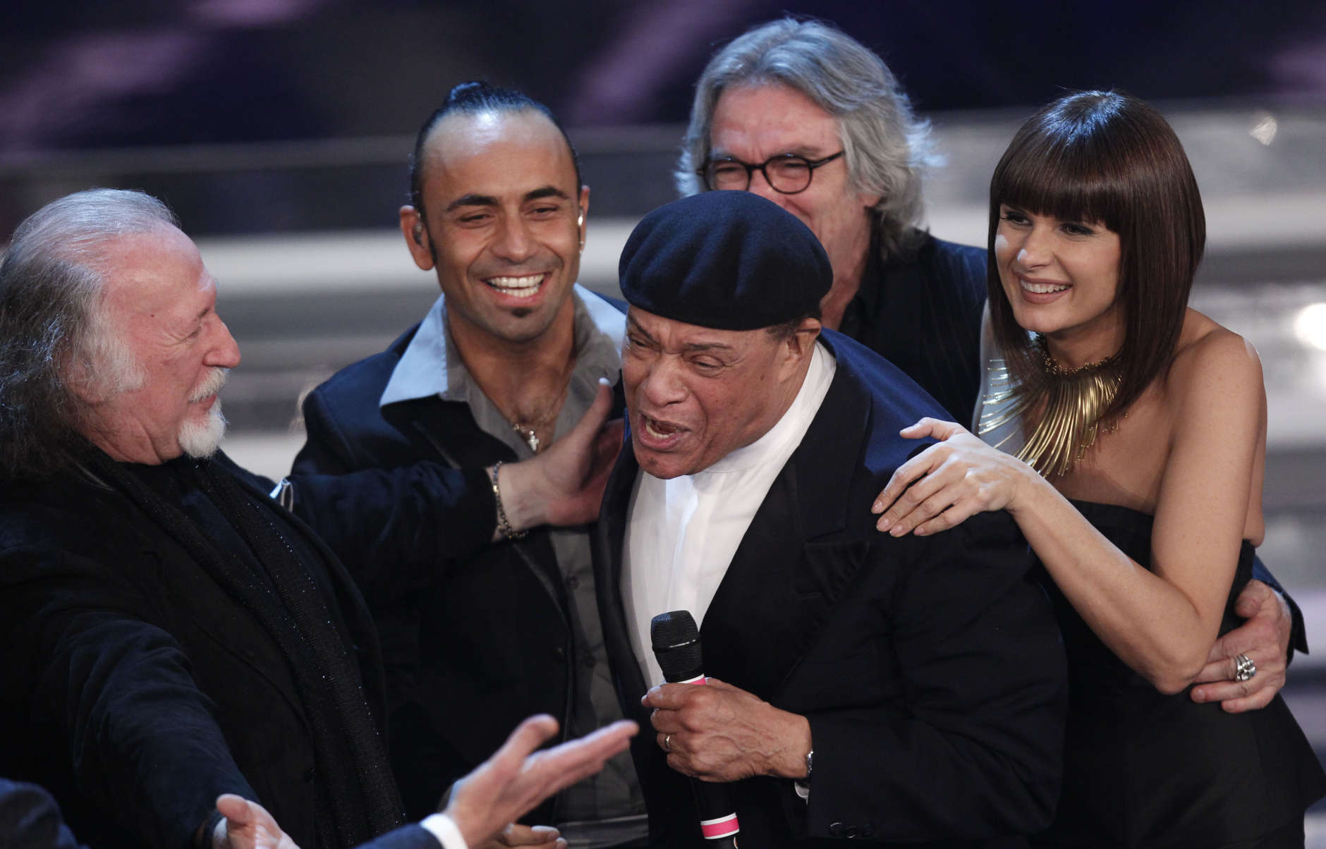 Seven-time Grammy Award winner, US vocalist Al Jarreau performs with Italian  group Matia Bazar during the 62nd edition of the Sanremo Song Festival, in Sanremo, Italy, Thursday, Feb. 16, 2012. (AP Photo/Luca Bruno)