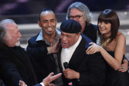 Seven-time Grammy Award winner, US vocalist Al Jarreau performs with Italian  group Matia Bazar during the 62nd edition of the Sanremo Song Festival, in Sanremo, Italy, Thursday, Feb. 16, 2012. (AP Photo/Luca Bruno)