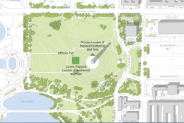 Geothermal wells will go in 20 feet to the east of the monument to help maintain the temperature both within the monument itself and within the visitors center. (Courtesy National Capital Planning Commission)