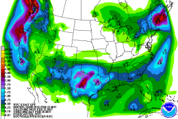 Lastly, the forecast from the Weather Prediction Center for the entire country for the week shows that we will be bypassed by all the major precipitation makers. Amounts shown are in inches and are either rainfall or the equivalent of snow/ice melt. All in all, a very dry week for us. (Weather Prediction Center/NOAA)