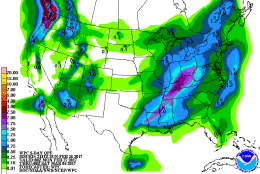 This week, the West will see more wet and wintry weather, but perhaps not as much in as many locations. The overall pattern over the Pacific and North America will change little. In the East, the heaviest soaking rains will likely miss us just to our west, but we'll likely see several tenths to half an inch, possibly more, in thunderstorms on Wednesday. This graphic is for the period early Monday morning through Friday afternoon.
 
(Weather Prediction Center, NOAA)