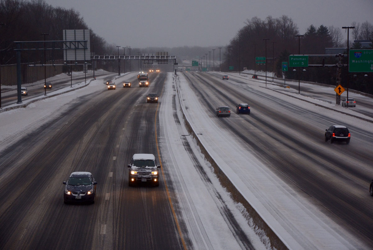 FILE -- Interstate 270, slushy and sloppy, is seen on the morning of March 14, 2017. (WTOP/Dave Dildine)