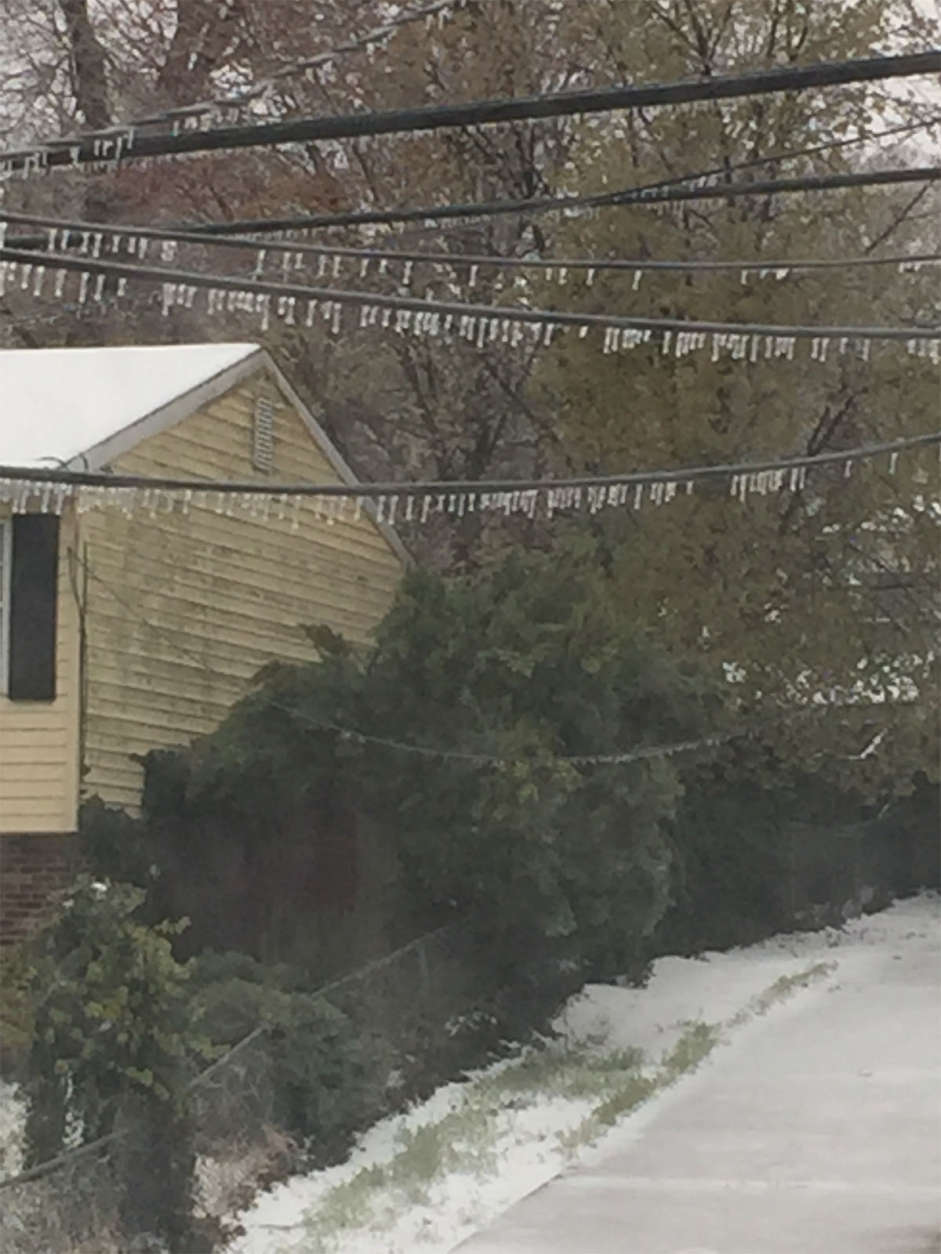 Icicles are seen hanging off a power line in Capitol Heights, Maryland, March 14, 2017 in a photo sent in by a WTOP listener. A layer of snow, sleet and freezing blanketed the region.