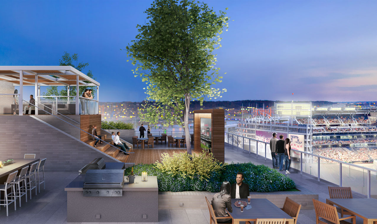 A rendering of the F1RST residential building in Southeast D.C. The rooftop terrace includes a pool, dog park and view into Nats Park. (Courtesy Grosvenor America)
