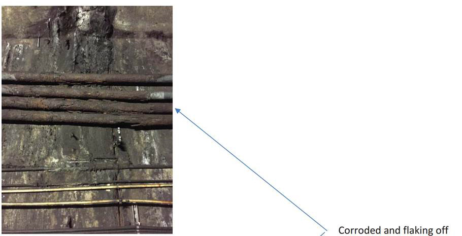 Between the Dupont Circle and Farragut North stations, an inspector found “extensive corrosion” that could lead to metal chipping off and hitting the electrified third rail. (Photo courtesy Federal Transit Agency)