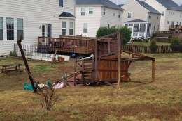 Wind gusts  tore up this wooden play structure in half in Stafford, Va. on Wednesday, March 1, 2017. (Courtesy Shannon Simmons) 