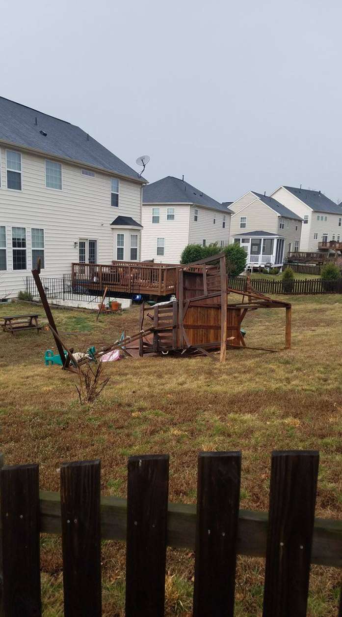 Wind gusts  tore up this wooden play structure in half in Stafford, Va. on Wednesday, March 1, 2017. (Courtesy Shannon Simmons) 