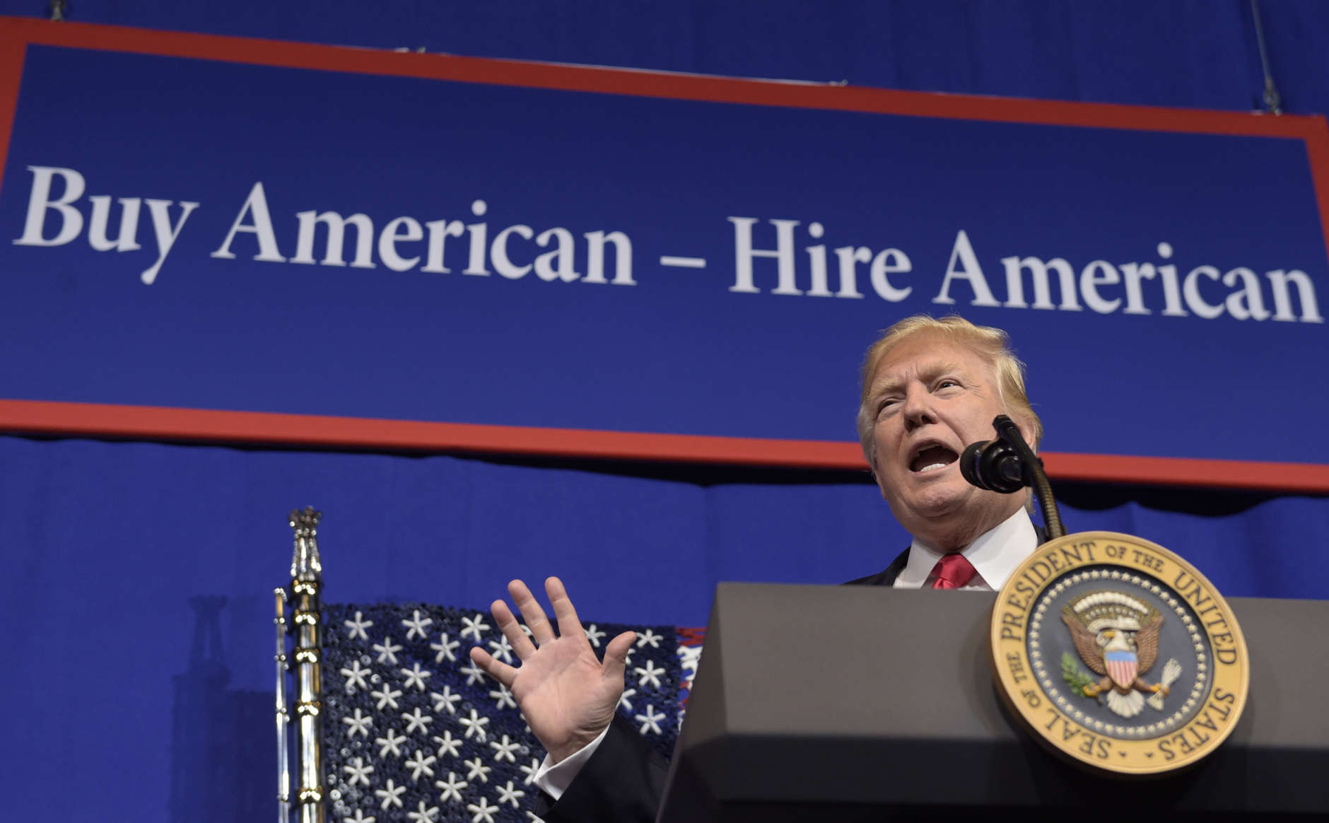 President Trump speaks April 18 at tool manufacturer Snap-on Inc. in Kenosha, Wisconsin. Trump had signed an executive order that day signaling a policy to aggressively promote and use American-made goods. (AP photo/Susan Walsh)