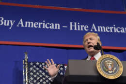 President Trump speaks April 18 at tool manufacturer Snap-on Inc. in Kenosha, Wisconsin. Trump had signed an executive order that day signaling a policy to aggressively promote and use American-made goods. (AP photo/Susan Walsh)