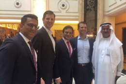 Banke International director Niraj Masand, far left, poses for a photo with Eric Trump, second left, Banke International director Porush Jhunjhunwala, center, Donald Trump Jr., second right, and DAMAC Properties chairman Hussain Sajwani, during festivities marking the formal opening of the Trump International Golf Club, in Dubai, United Arab Emirates, Saturday Feb. 18, 2017. 

Two of U.S. President Donald Trump's sons arrived in the UAE for an invitation-only ceremony Saturday to formally open the club. (AP Photo)