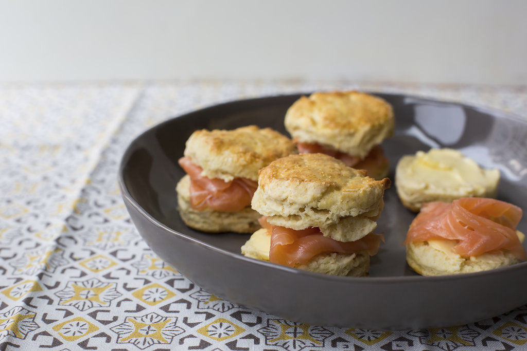 This January 2017 photo shows Irish scones with smoked salmon in New York. This dish is from a recipe by Katie Workman. (Sarah E Crowder via AP)