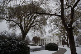 Snow covers the ground outside of the White House in Washington, Tuesday, March 14, 2017. A late-season storm is dumping a messy mix of snow, sleet and rain on the mid-Atlantic, complicating travel, knocking out power and closing schools and government offices around the region.. (AP Photo/Evan Vucci)
