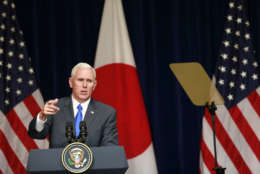 Vice President Mike Pence delivers a speech April 19 for Japan-U.S. business leaders at a Tokyo hotel. Pence made a pitch for President Donald Trump's economic policies, telling U.S. and Japanese business leaders that a tax overhaul and cut in regulations will help business on both sides of the Pacific. (AP photo/Shizuo Kambayashi)