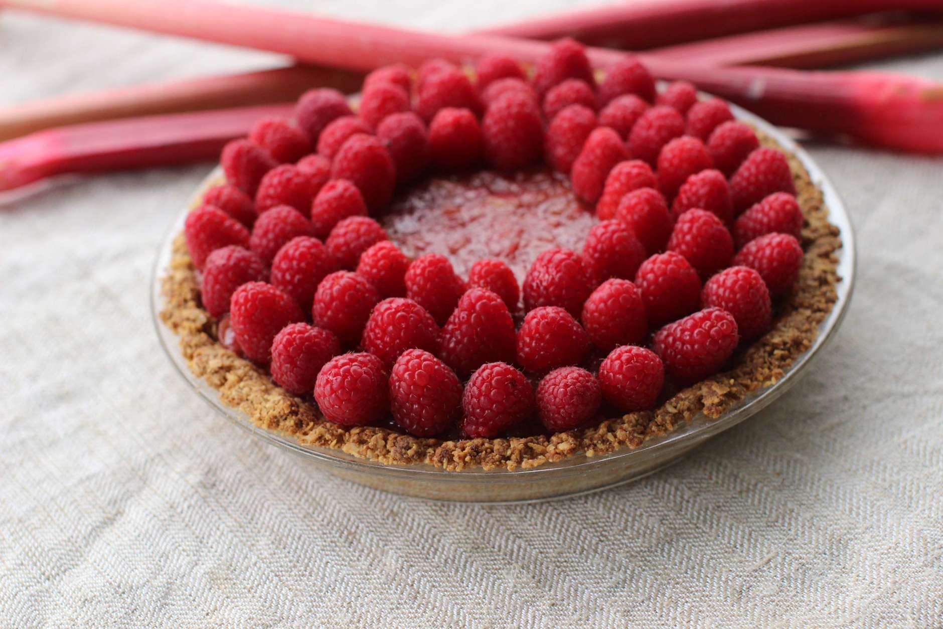 This June 8, 2015 photo shows raspberry rhubarb cream pie with oatmeal crust in Concord, N.H. (AP Photo/Matthew Mead)