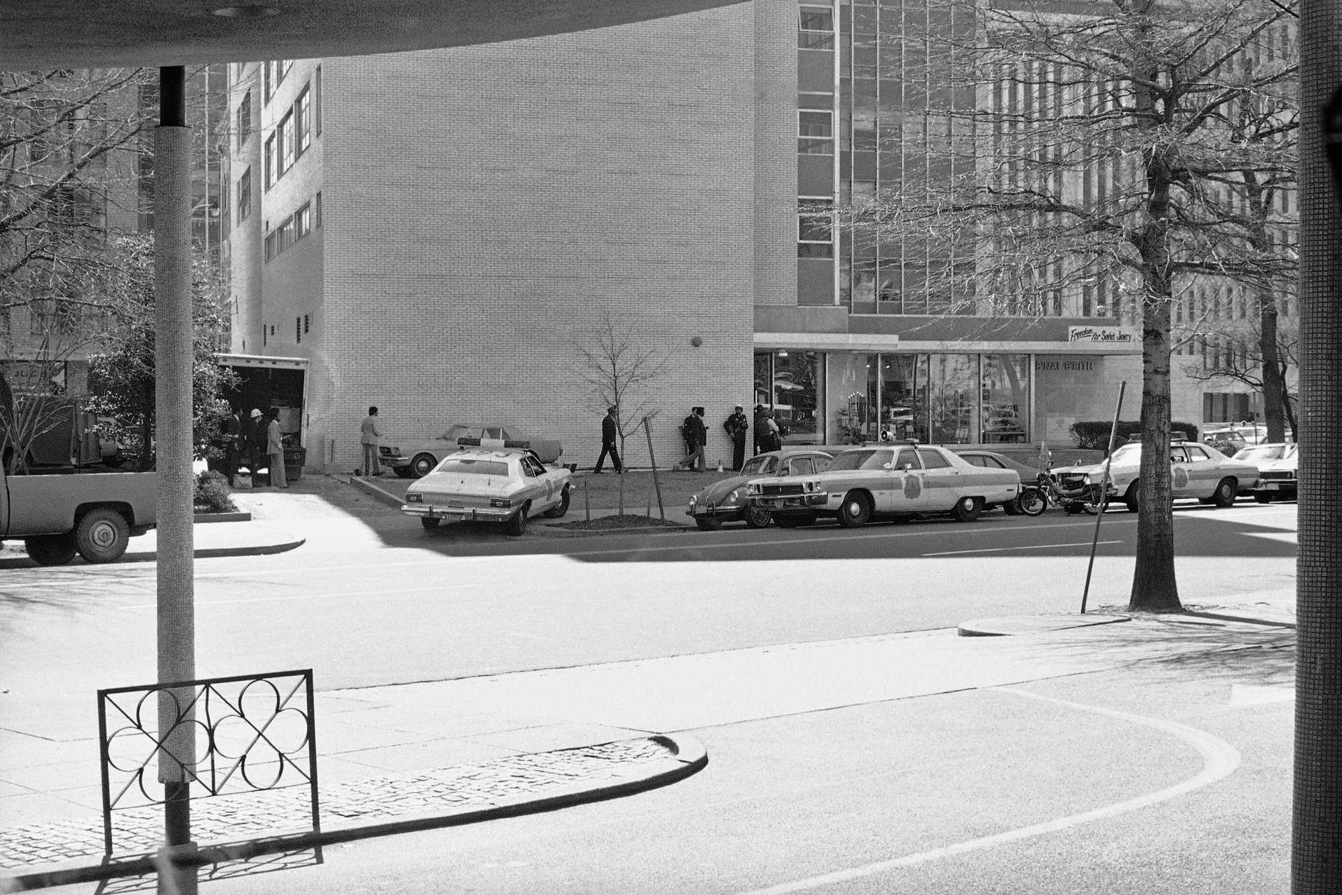 This is the entrance to the BNai BRith International headquarters in Washington on Wednesday, March 9, 1977 where four armed men are holding hostages. A sign over the entrance, right center, reads Freedom for Soviet Jewry. (AP Photo)