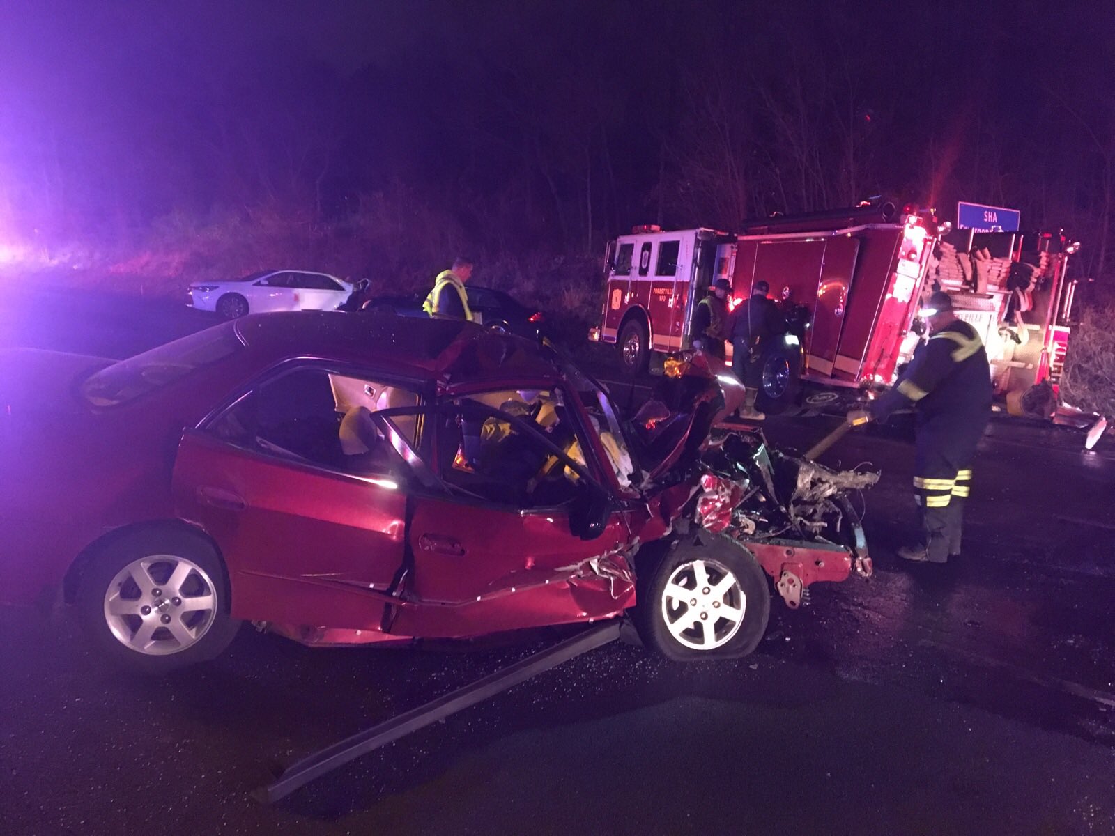 A Prince George's County fire engine was rear-ended by a car Saturday morning, causing road closures on the Inner Loop of the Capital Beltway. (Courtesy Prince George's County Fire)