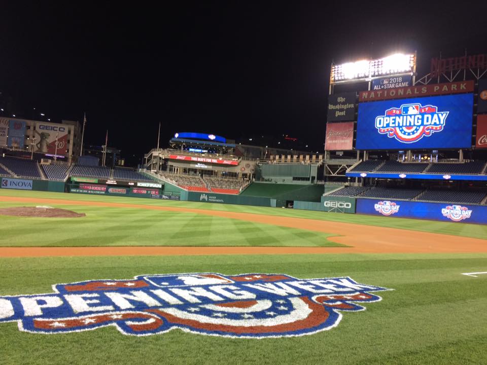 Nationals Park is all lit up pre-dawn for opening day. (WTOP/Nick Iannelli)