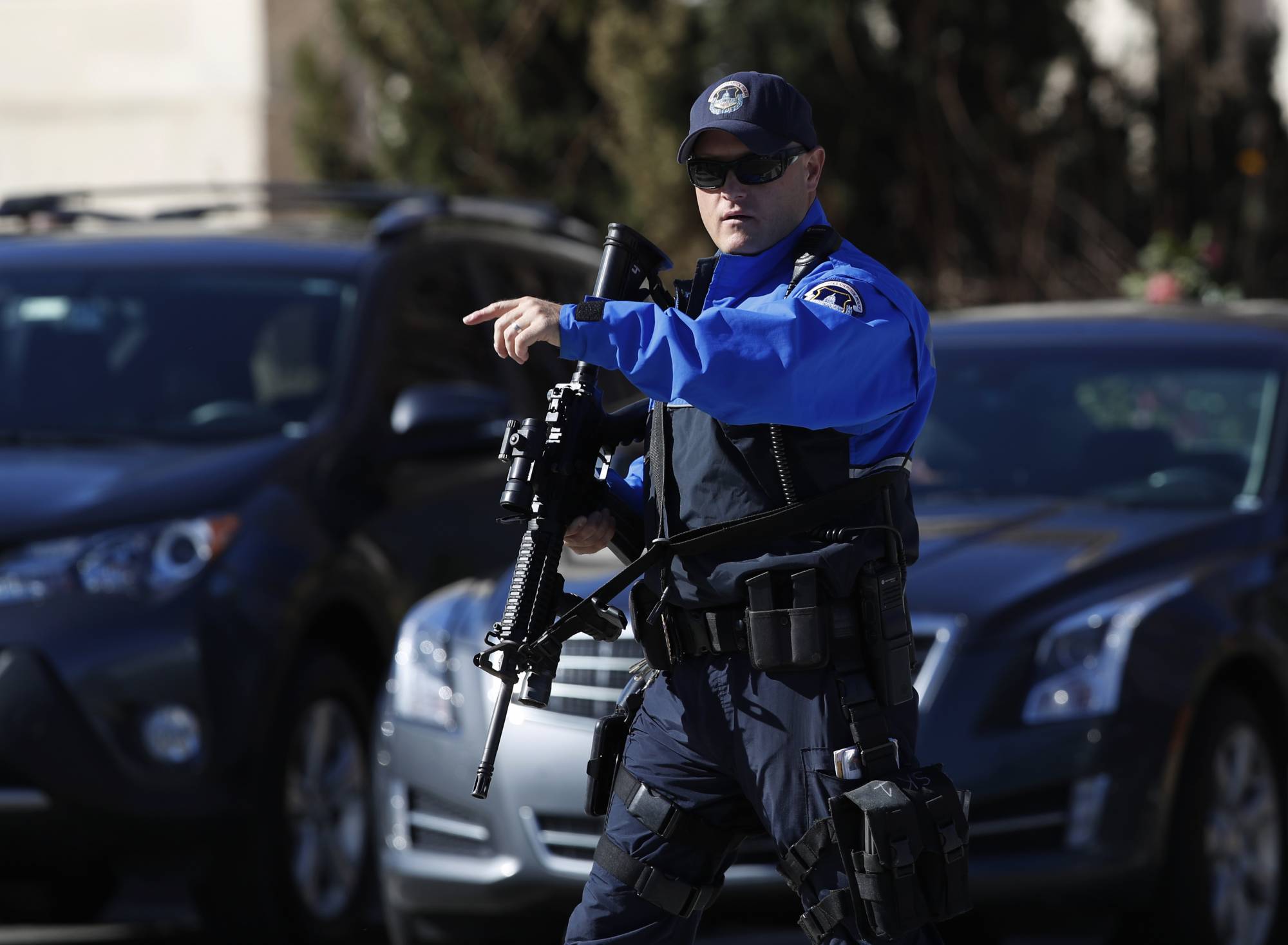 Armed U.S. Capitol Police officer take position near the Botanic Gardens in Washington, Wednesday, March 29, 2017. A woman struck a U.S. Capitol Police cruiser with a vehicle near the Capitol and was taken into custody, police said.  (AP Photo/Manuel Balce Ceneta)