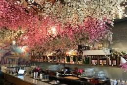 The Cherry Blossom Pop-Up Bar (or Cherry Blossom PUB) encompasses two themes. At Southern Efficiency, pink and white blossom branches creep up the side wall and hang from the ceiling. A mural of the Jefferson Memorial draped in cherry blossoms covers the back wall. (WTOP/Rachel Nania)