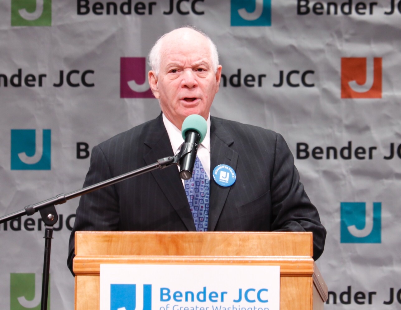 Sen. Ben Cardin speaks at solidarity event Friday morning at the Bender Jewish Community Center in Rockville, Maryland. (WTOP?Kate Ryan)