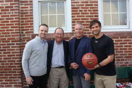 President of Under Armour North America  Jason La Rose; Founder/President of PHIT America  Jim Baugh; PHIT America Marketing Director Doug Gordon; and Ross Elementary PE teacher Jason Shegda. Shegda is holding an Under Armour basketball, which is the initial gift to the school. (Courtesy of Shari Gordon) 