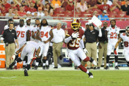 TAMPA, FL -  AUGUST 29:  Cornerback David Amerson #39 of the Washington Redskins runs upfield with an interception against the Tampa Bay Buccaneers August 29, 2013 at Raymond James Stadium in Tampa, Florida. (Photo by Al Messerschmidt/Getty Images)