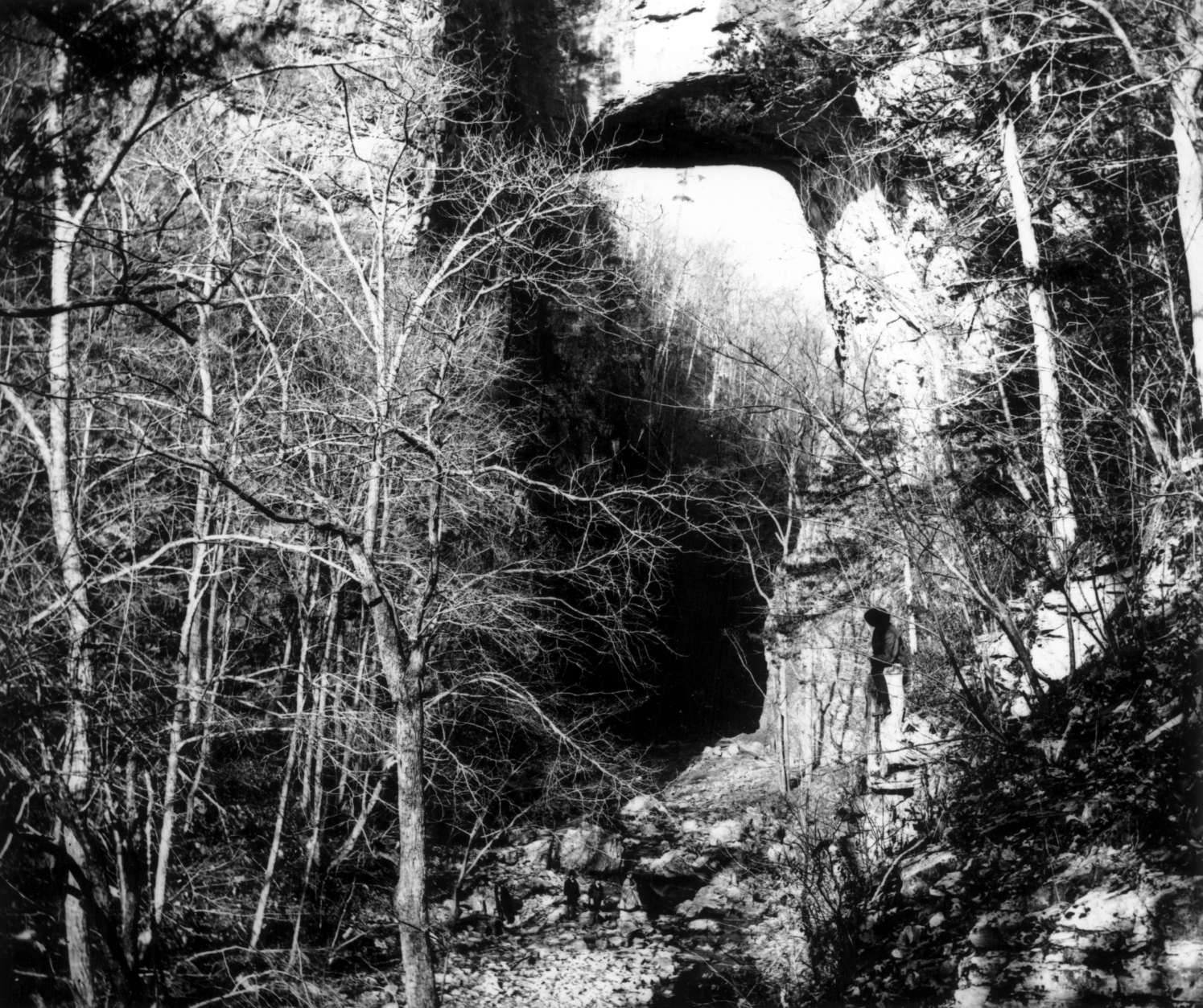 1859:  The arch formation known as 'Natural Bridge' near the Blue Ridge Mountains, Virginia.  (Photo by William England/London Stereoscopic Company/Getty Images)