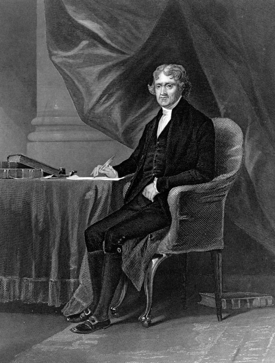 circa 1802:  Thomas Jefferson (1743 - 1826), 3rd President of the United States of America (1801 - 1809, founder of the Democratic Republican Party. He was largely responsible for drawing up the Declaration of Independence.  (Photo by Hulton Archive/Getty Images)