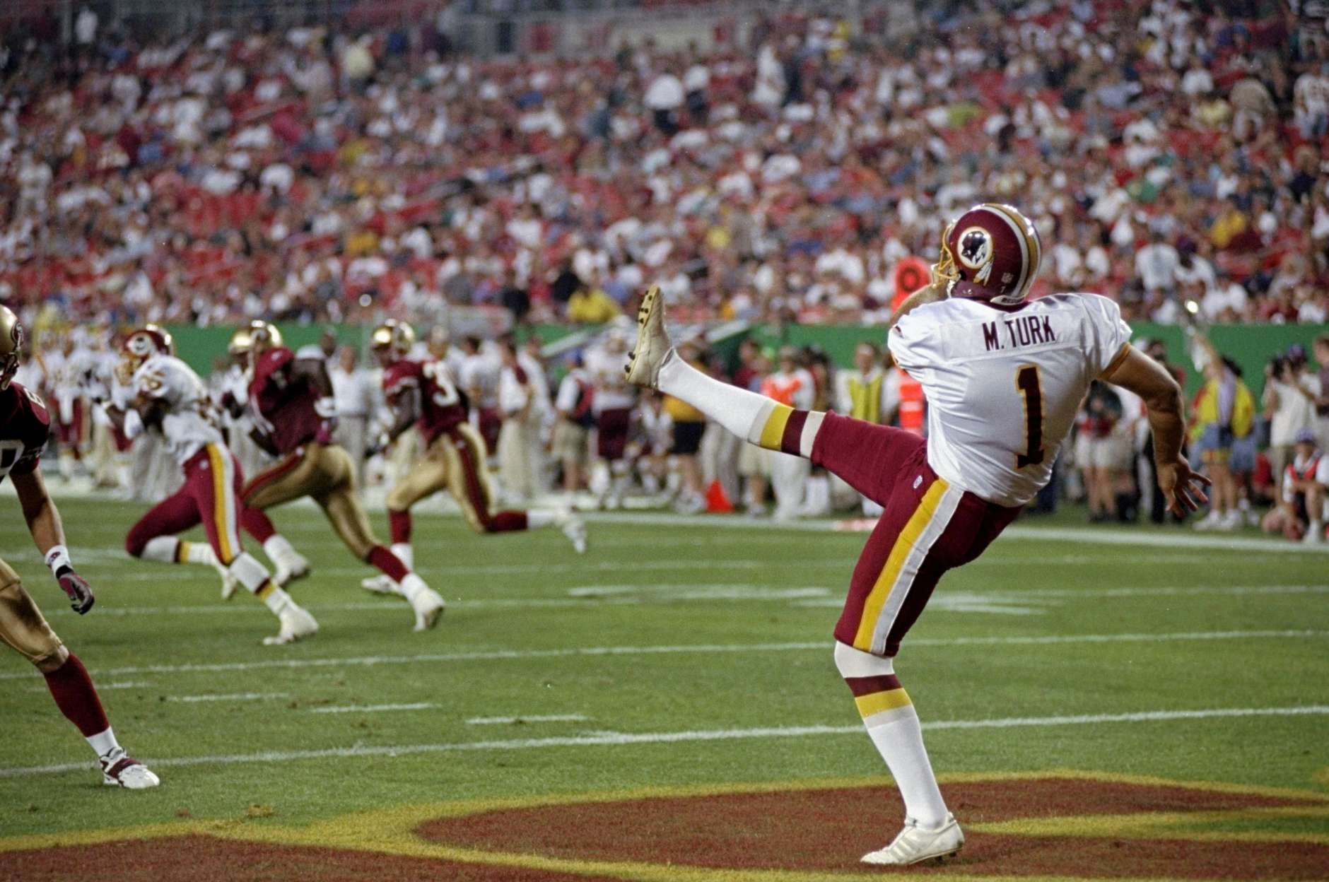 14 Sep 1998: Matt Turk #1 of the Washington Redskins punts during the game against the San Francisco 49ers at Jack Kent Stadium in Landover, Maryland. The 49ers defeated the Redskins 45-10.