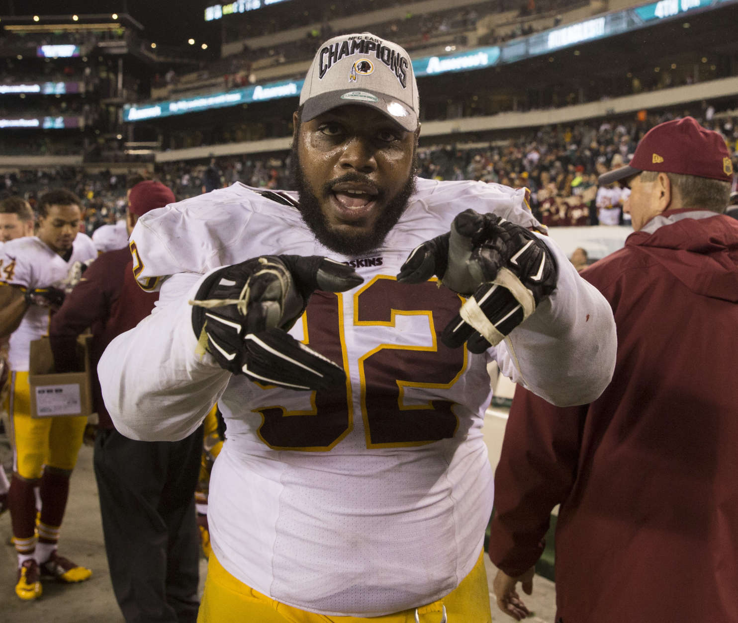 PHILADELPHIA, PA - DECEMBER 26: Chris Baker #92 of the Washington Redskins celebrates winning the NFC East division against the Philadelphia Eagles on December 26, 2015 at Lincoln Financial Field in Philadelphia, Pennsylvania. The Redskins defeated the Eagles 38-24. (Photo by Mitchell Leff/Getty Images)
