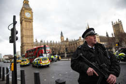 LONDON, ENGLAND - MARCH 22: An armed police officer stands guard near Westminster Bridge and the Houses of Parliament on March 22, 2017 in London, England. A police officer has been stabbed near to the British Parliament and the alleged assailant shot by armed police. Scotland Yard report they have been called to an incident on Westminster Bridge where several people have been injured by a car. (Photo by Jack Taylor/Getty Images)