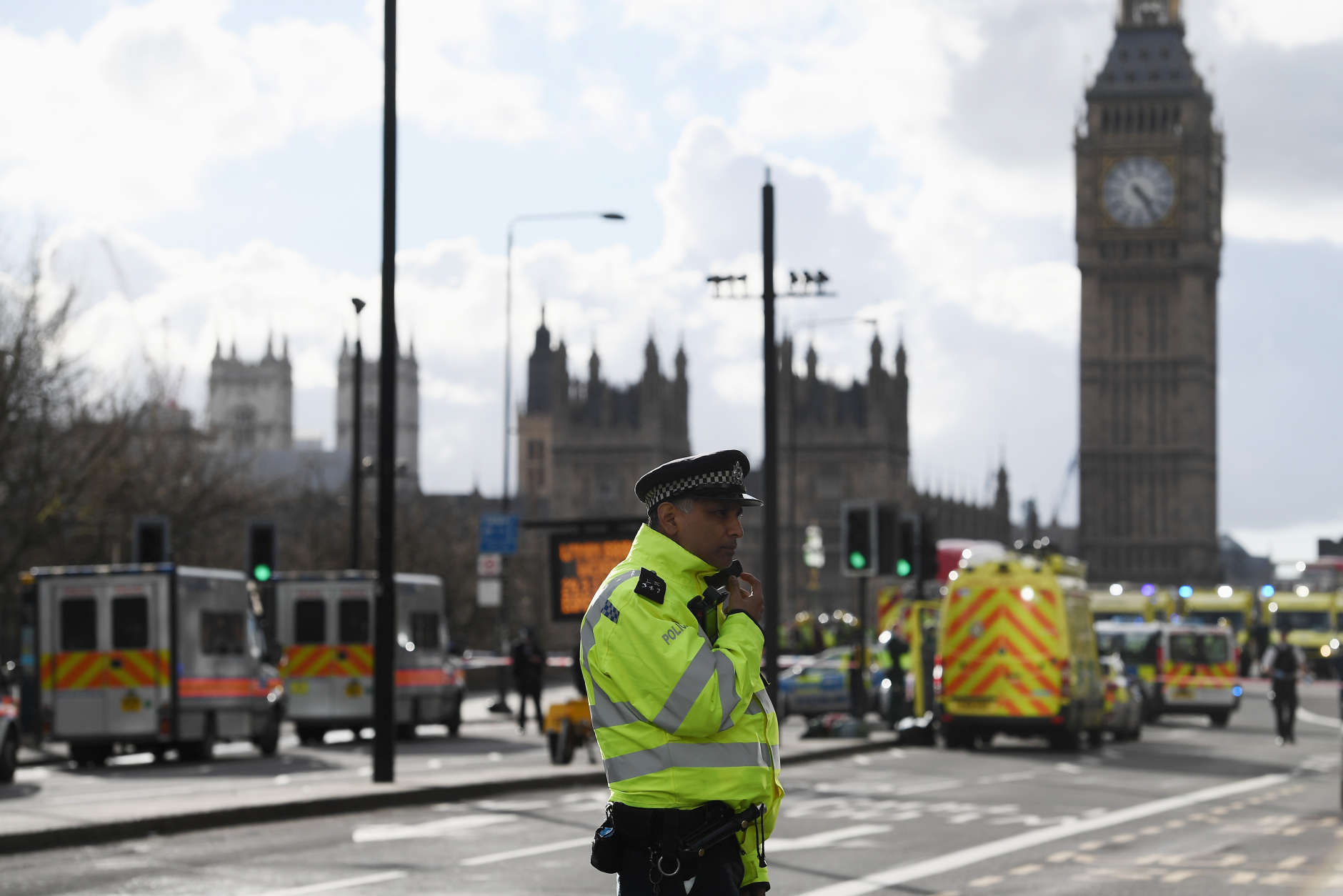 LONDON, ENGLAND - MARCH 22:  Ambulances, police vehicles and emergency services seen on Westminster Bridge on March 22, 2017 in London, England. A police officer was stabbed near to the British Parliament and the alleged assailant shot by armed police. Scotland Yard also reported an incident on Westminster Bridge where one woman has been killed and several people seriously injured by a car.  (Photo by Carl Court/Getty Images)