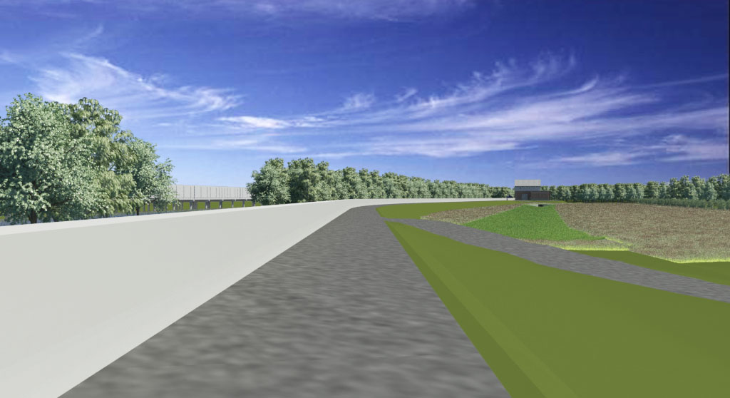 A rendering of the Huntington Levee along Cameron Run, including the future concrete I-beam wall. (Fairfax County Department of Public Works and Environmental Services)