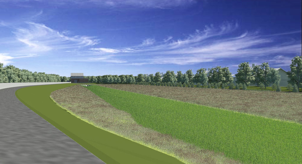 A rendering of the Huntington Levee and the floodplain along Cameron Run. (Fairfax County Department of Public Works and Environmental Services)