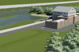 A rendering of the Huntington Levee, including a view of the pumping station that will put flood water back into Cameron Run. (Fairfax County Department of Public Works and Environmental Services)