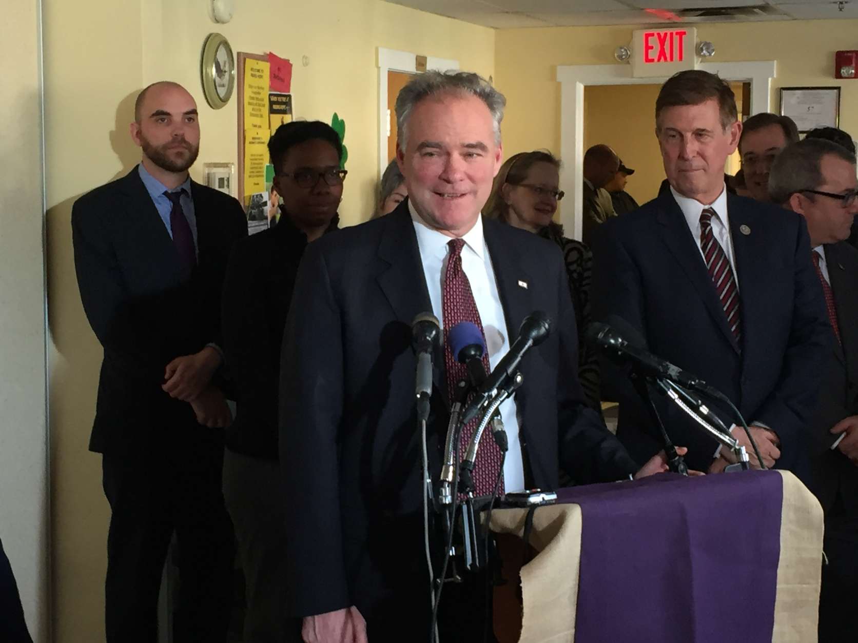 At Thursday's event, Sen. Tim Kaine said immigrants are typically law-abiding people who are more likely than the rest of the population to become crime victims. (WTOP/Michelle Basch)