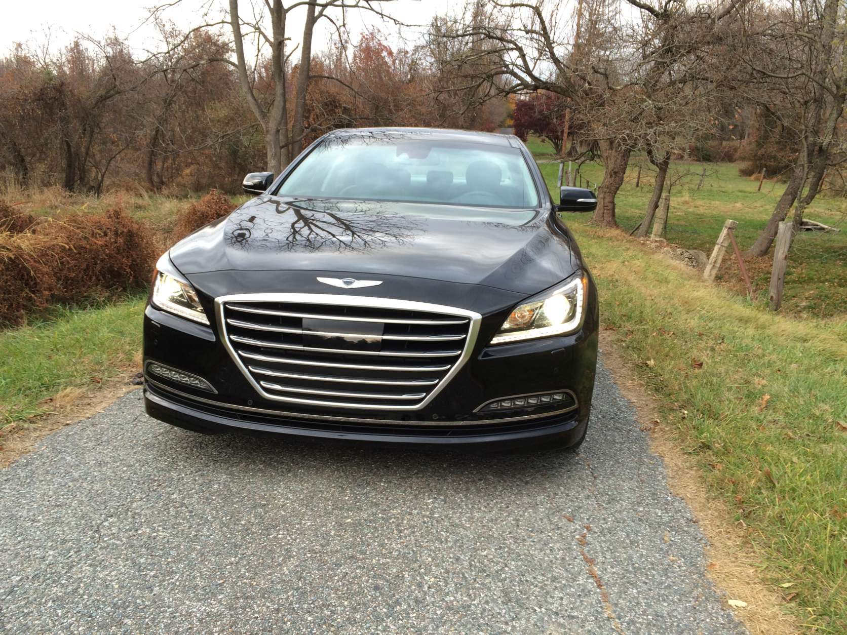 The front end of the Genesis G80 has that large grill like most of the competition, and there are slick LED headlights.(WTOP/Mike Parris)