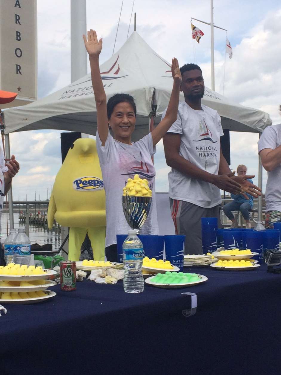 Juliet Lee, of Gaithersburg, Maryland, was the highest-ranked woman at the 2016 Peeps Day eating contest. She ate 140 Peeps in five minutes. (Courtesy National Harbor)
