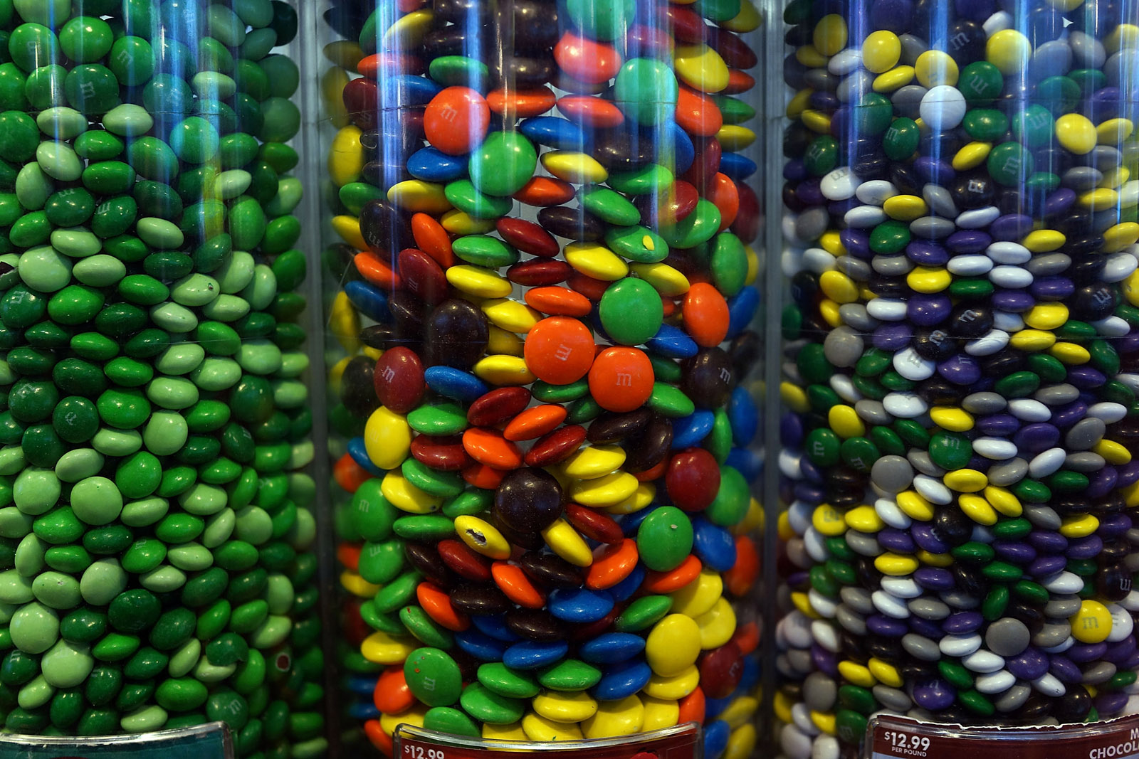 NEW YORK, NY - JULY 24:  M&amp;M's are viewed in the M&amp;M store in Times Square on July 24, 2014 in New York City. With the increase in cocoa prices, Mars Chocolate North America, the maker of Snickers and M&amp;M's, announced an average price increase of 7 percent this week for their chocolate products.  (Photo by Spencer Platt/Getty Images)