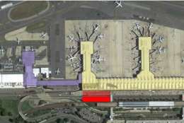 In this 2015 image of the general proposed layout of the new security areas, the red marks indicate newly constructed security checkpoint areas or pathways while the purple outlines the location of the new commuter jet terminal. (Courtesy MWAA)