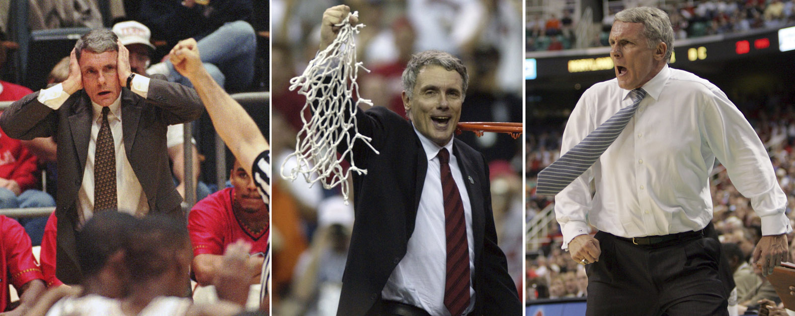 FILE - In this combination of three file photos shows, from left, Maryland head coach Gary Williams cannot believe his ears as the referee calls a foul on one of his Maryland players during ACC basketball action on Jan. 29, 1997 in Tallahassee, Fla., Williams swings the net after his Terps beat Indiana 64-52 in the NCAA final on April 1, 2002 in Atlanta, and Williams, right, yells at his team in the first half against Boston College during a quarterfinal Atlantic Coast Conference basketball tournament game on March 10, 2006, in Greensboro, N.C. (AP Photo/Files)