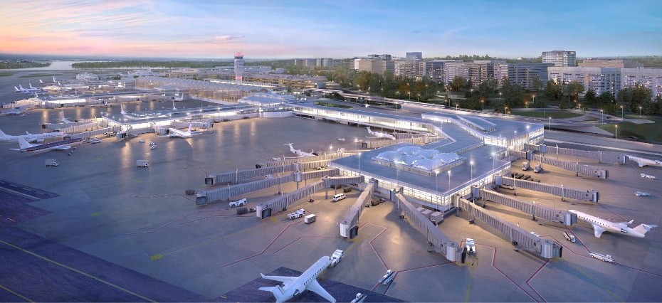 This handout image shows an artists rendering of a planned commuter terminal at Reagan National Airport. The terminal is being called the North Concourse. Demolition of two hangers and the airports authority's office building could begin this spring to make room for the terminal, slated to open in 2021. (Courtesy Metropolitan Washington Airports Authority)