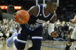 Rhode Island's Jared Terrell (32) during the first half of an NCAA college basketball game against Providence Saturday, Dec. 3, 2016, in Providence, R.I. Providence defeated Rhode Island, 63-60.(AP Photo/Stew Milne)