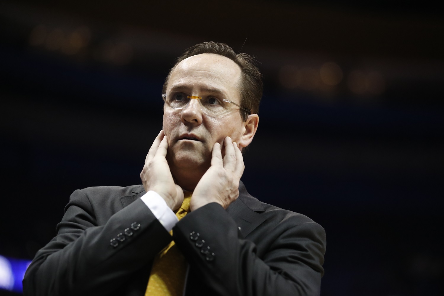 Wichita State head coach Gregg Marshall is seen on the sidelines during the first half of an NCAA college basketball game against Illinois State in the championship of the Missouri Valley Conference men's tournament Sunday, March 5, 2017, in St. Louis. (AP Photo/Jeff Roberson)