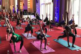 The Kennedy Center is hosting free yoga classes through Aug. 19 every other Saturday in the iconic Grand Foyer. (WTOP/Rachel Nania) 